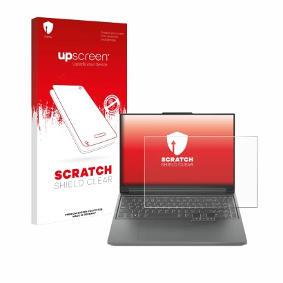 Face avant d’un emballage produit avec le logo de la marque upscreen. À côté, l’appareil Lenovo Legion Slim 5 14 est représent