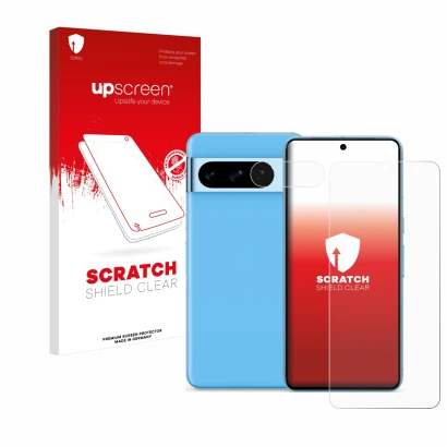 Face avant d’un emballage produit avec le logo de la marque upscreen. À côté, l’appareil Google Pixel 8 Pro (Avant+Caméra) est