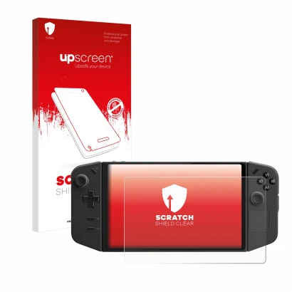 Face avant d’un emballage produit avec le logo de la marque upscreen. À côté, l’appareil Lenovo Legion Go est représenté avec 