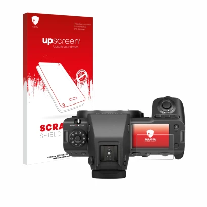 Face avant d’un emballage produit avec le logo de la marque upscreen. À côté, l’appareil Fujifilm GFX100 II (affichage des épa
