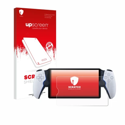 Face avant d’un emballage produit avec le logo de la marque upscreen. À côté, l’appareil Sony Playstation Portal est représent