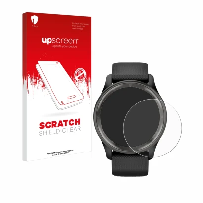 Face avant d’un emballage produit avec le logo de la marque upscreen. À côté, l’appareil Garmin Vivomove Trend est représenté 