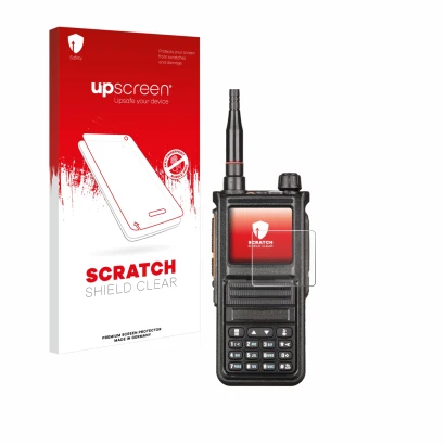 Face avant d’un emballage produit avec le logo de la marque upscreen. À côté, l’appareil Radtel RT-470X est représenté avec la