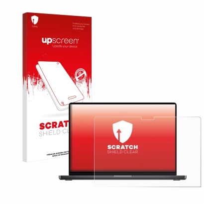 Face avant d’un emballage produit avec le logo de la marque upscreen. À côté, l’appareil Apple MacBook Pro 14" M3 2023 est rep