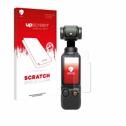 Face avant d’un emballage produit avec le logo de la marque upscreen. À côté, l’appareil DJI Osmo Pocket 3 (Affichage + Lentil