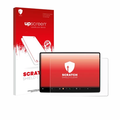 Face avant d’un emballage produit avec le logo de la marque upscreen. À côté, l’appareil Tesla Model 3 2024 est représenté ave