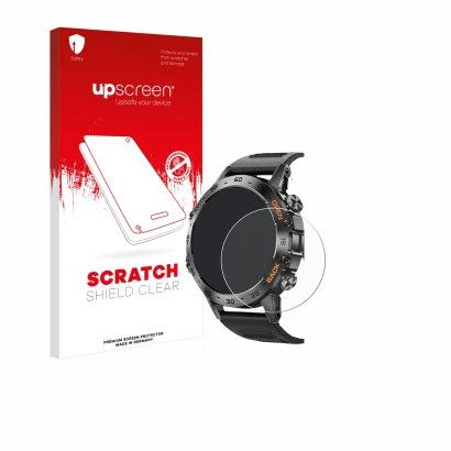 Face avant d’un emballage produit avec le logo de la marque upscreen. À côté, l’appareil Lemfo Smartwatch 1.39" est représenté