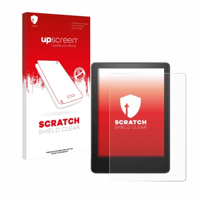 Face avant d’un emballage produit avec le logo de la marque upscreen. À côté, l’appareil Amazon Kindle Paperwhite 2023 (11ème 