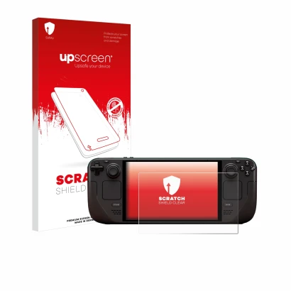 Face avant d’un emballage produit avec le logo de la marque upscreen. À côté, l’appareil Valve Steam Deck OLED est représenté 