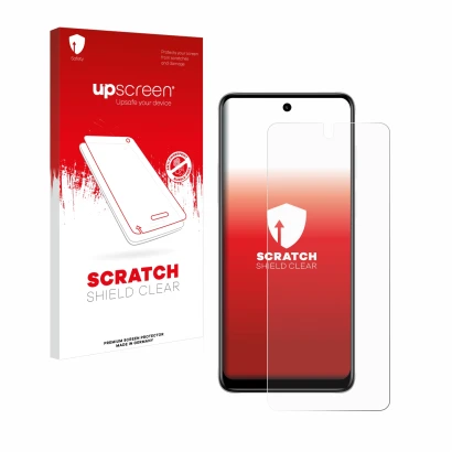 Face avant d’un emballage produit avec le logo de la marque upscreen. À côté, l’appareil Motorola Moto E32s est représenté ave