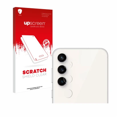 Face avant d’un emballage produit avec le logo de la marque upscreen. À côté, l’appareil Samsung Galaxy S23 FE (Caméra UNIQUEM