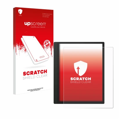 Face avant d’un emballage produit avec le logo de la marque upscreen. À côté, l’appareil Boox Tab Ultra C est représenté avec