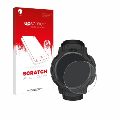 Face avant d’un emballage produit avec le logo de la marque upscreen. À côté, l’appareil Garmin Instinct Crossover AMOLED est 