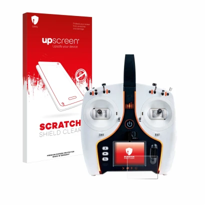 Face avant d’un emballage produit avec le logo de la marque upscreen. À côté, l’appareil Spektrum NX7e 7-Channel DSMX Transmit