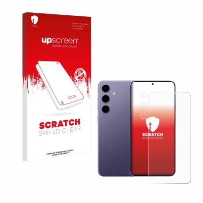 Face avant d’un emballage produit avec le logo de la marque upscreen. À côté, l’appareil Samsung Galaxy S24 (Avant+Caméra) est
