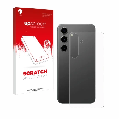 Face avant d’un emballage produit avec le logo de la marque upscreen. À côté, l’appareil Samsung Galaxy S24 Plus (Arrière) est