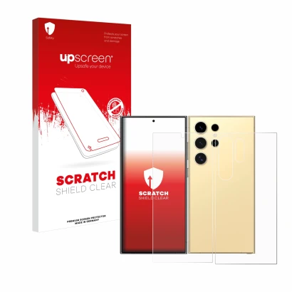 Face avant d’un emballage produit avec le logo de la marque upscreen. À côté, l’appareil Samsung Galaxy S24 Ultra (case-friend