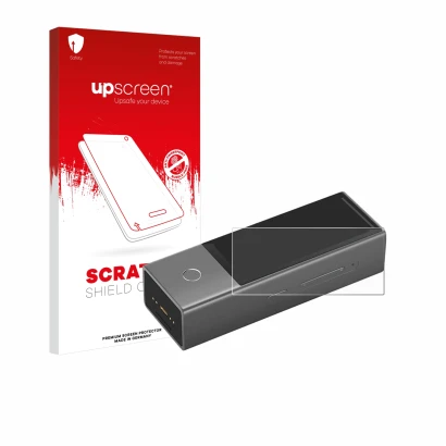 Face avant d’un emballage produit avec le logo de la marque upscreen. À côté, l’appareil Timekettle X1 est représenté avec la 