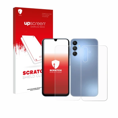 Face avant d’un emballage produit avec le logo de la marque upscreen. À côté, l’appareil Samsung Galaxy A15 (Avant+Arrière) es