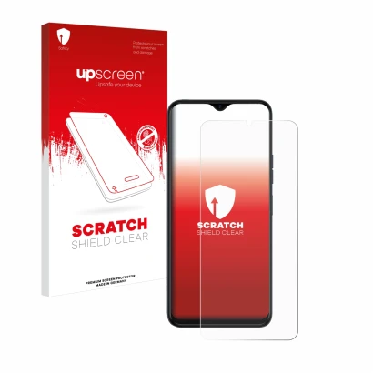 Face avant d’un emballage produit avec le logo de la marque upscreen. À côté, l’appareil Tecno Spark 10 5G est représenté avec
