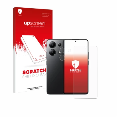 Face avant d’un emballage produit avec le logo de la marque upscreen. À côté, l’appareil Xiaomi Redmi Note 13 (Avant+Caméra) e