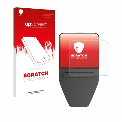 Face avant d’un emballage produit avec le logo de la marque upscreen. À côté, l’appareil Trezor Safe 3 est représenté avec la 