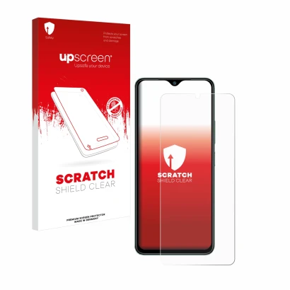 Face avant d’un emballage produit avec le logo de la marque upscreen. À côté, l’appareil Xiaomi Redmi A3 est représenté avec l