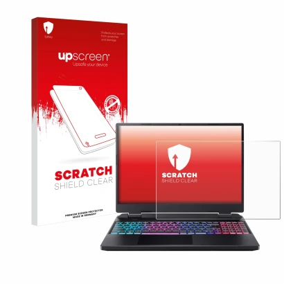 Face avant d’un emballage produit avec le logo de la marque upscreen. À côté, l’appareil Acer Predator Helios Neo 16 est repré