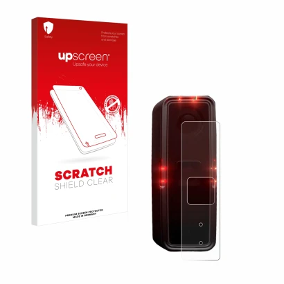 Face avant d’un emballage produit avec le logo de la marque upscreen. À côté, l’appareil Alps Alpine Ride Safety RS 1000 est r