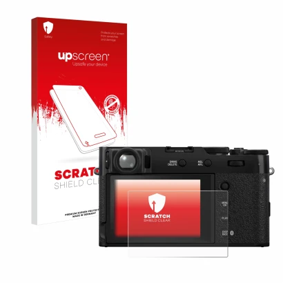 Face avant d’un emballage produit avec le logo de la marque upscreen. À côté, l’appareil Fujifilm X100VI est représenté avec l