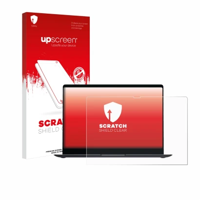 Face avant d’un emballage produit avec le logo de la marque upscreen. À côté, l’appareil Samsung Galaxy Book4 Pro 16" est repr