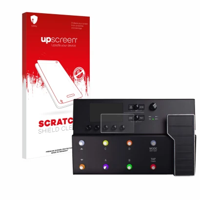 Face avant d’un emballage produit avec le logo de la marque upscreen. À côté, l’appareil Line 6 POD GO est représenté avec la 