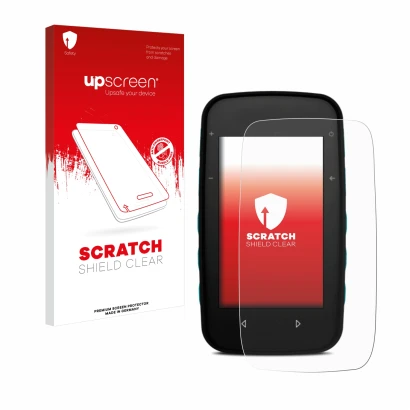 Face avant d’un emballage produit avec le logo de la marque upscreen. À côté, l’appareil CompeGPS TwoNav Cross Plus est représ