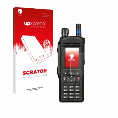 Face avant d’un emballage produit avec le logo de la marque upscreen. À côté, l’appareil Motorola MTP6650 est représenté avec