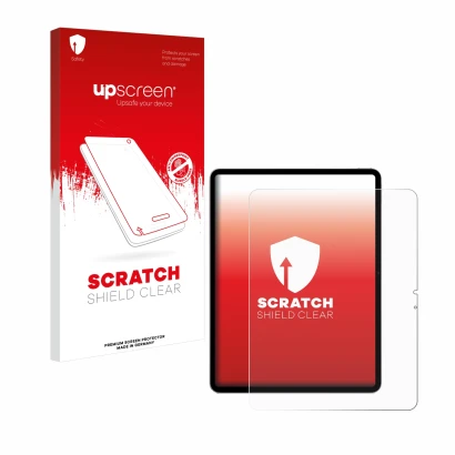 Face avant d’un emballage produit avec le logo de la marque upscreen. À côté, l’appareil Apple iPad Air 13" M2 WiFi 2024 est r
