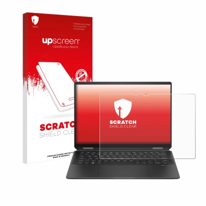 Face avant d’un emballage produit avec le logo de la marque upscreen. À côté, l’appareil HP Spectre x360 (14-e) 2024 est repré