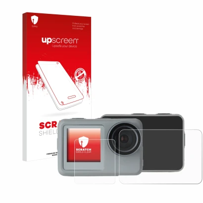 Face avant d’un emballage produit avec le logo de la marque upscreen. À côté, l’appareil Rollei Actioncam 9s Plus est représen
