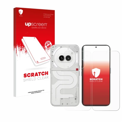 Face avant d’un emballage produit avec le logo de la marque upscreen. À côté, l’appareil Nothing Phone (2a) (Avant+Arrière) es