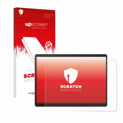 Face avant d’un emballage produit avec le logo de la marque upscreen. À côté, l’appareil Microsoft Surface Pro 10 est représen