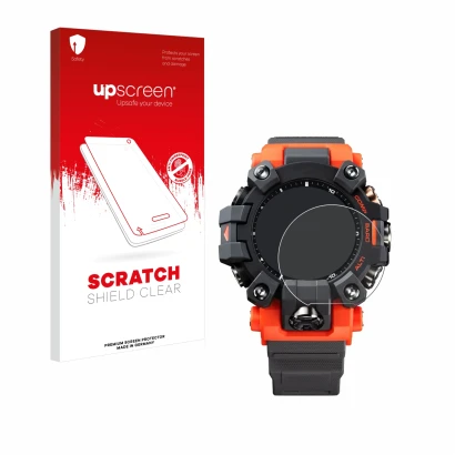 Face avant d’un emballage produit avec le logo de la marque upscreen. À côté, l’appareil Casio G-Shock GW-9500 est représenté