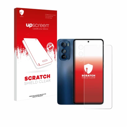 Face avant d’un emballage produit avec le logo de la marque upscreen. À côté, l’appareil Motorola Edge 30 (Avant+Caméra) est r