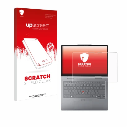 Face avant d’un emballage produit avec le logo de la marque upscreen. À côté, l’appareil Lenovo ThinkPad X1 2-in-1 Gen 9 14" e