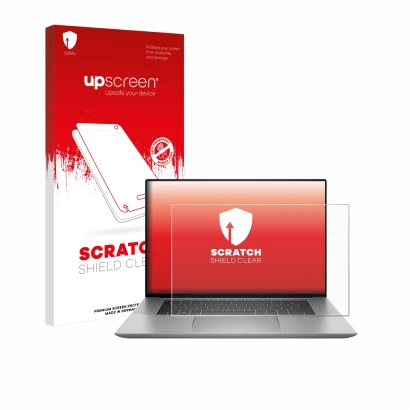 Face avant d’un emballage produit avec le logo de la marque upscreen. À côté, l’appareil HP Zbook Studio 16 G10 est représenté