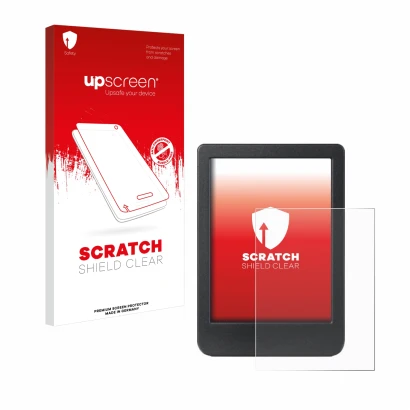 Face avant d’un emballage produit avec le logo de la marque upscreen. À côté, l’appareil Kobo Clara Colour est représenté avec