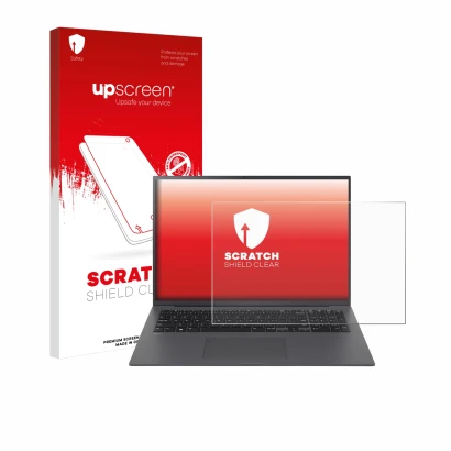 Face avant d’un emballage produit avec le logo de la marque upscreen. À côté, l’appareil LG gram 17" 2024 est représenté avec