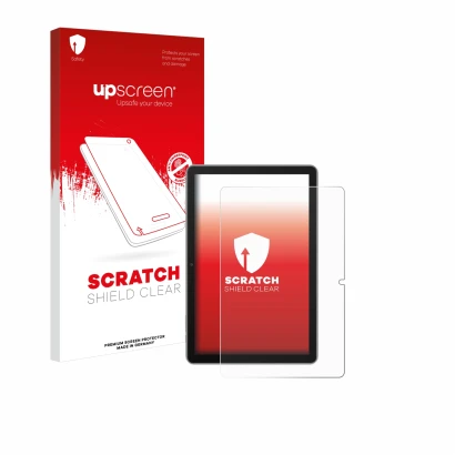 Face avant d’un emballage produit avec le logo de la marque upscreen. À côté, l’appareil Blackview Tab 70 est représenté avec
