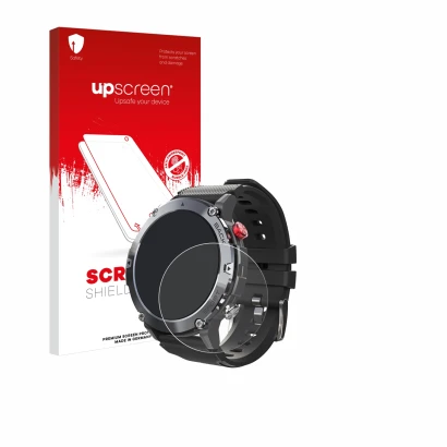 Face avant d’un emballage produit avec le logo de la marque upscreen. À côté, l’appareil Darmowade Smartwatch 1.32" est représ