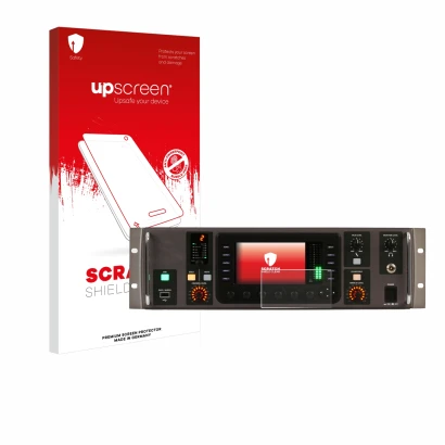 Face avant d’un emballage produit avec le logo de la marque upscreen. À côté, l’appareil Behringer X32 Rack est représenté ave