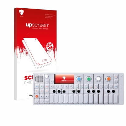 Face avant d’un emballage produit avec le logo de la marque upscreen. À côté, l’appareil Teenage Engineering OP-1 Sampler & Co