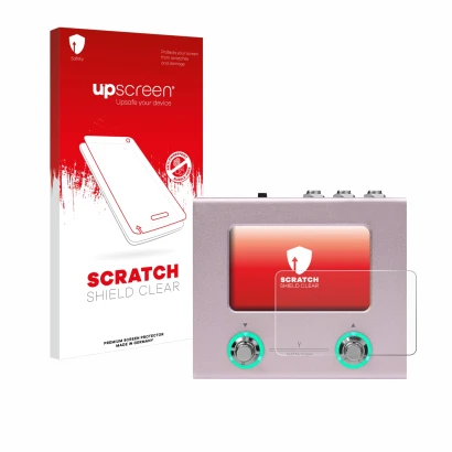Face avant d’un emballage produit avec le logo de la marque upscreen. À côté, l’appareil Hotone Ampero Mini est représenté ave